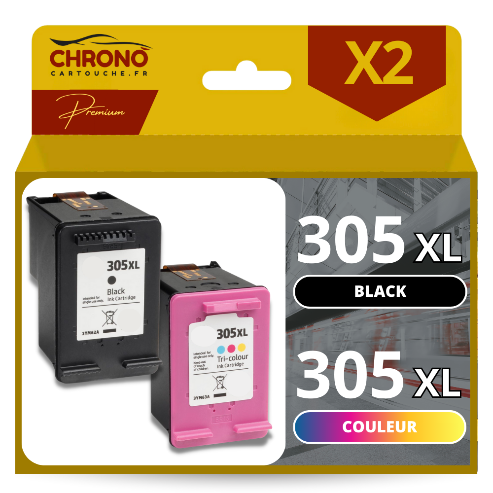 Pack compatible HP 305XL (3YM62AE/3YM63AE) noir et couleur - ChronoCartouche